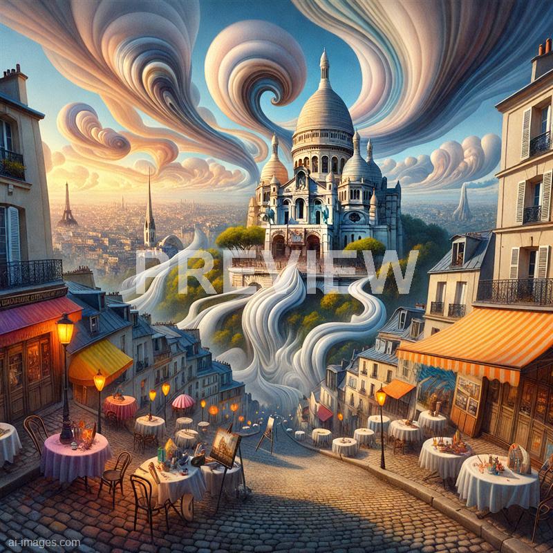 The image depicts a surreal scene of a cityscape with a large, ornate cathedral resembling the Sacré-Cœur Basilica in Paris, situated atop a hill with lush green trees surrounding it. The sky above is filled with swirling, fantastical clouds that spiral in multiple directions, creating a dreamlike atmosphere. In the foreground, a quaint outdoor café with round tables, chairs, and warm glowing lamps is set along a cobblestone street, blending the ordinary with the extraordinary as twisting, white, tentacle-like structures extend from the hill and intertwine through the scene, adding an imaginative, otherworldly element.